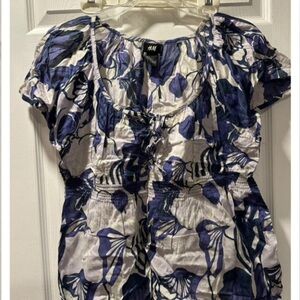 H&M Navy and White Leaf Print Blouse